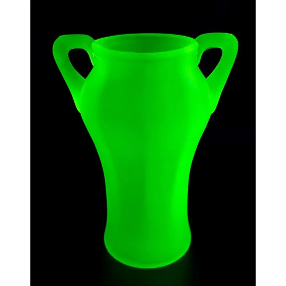 Vintage Satin Uranium Glass Double Handled Bud Vase UV Reactive Green 6